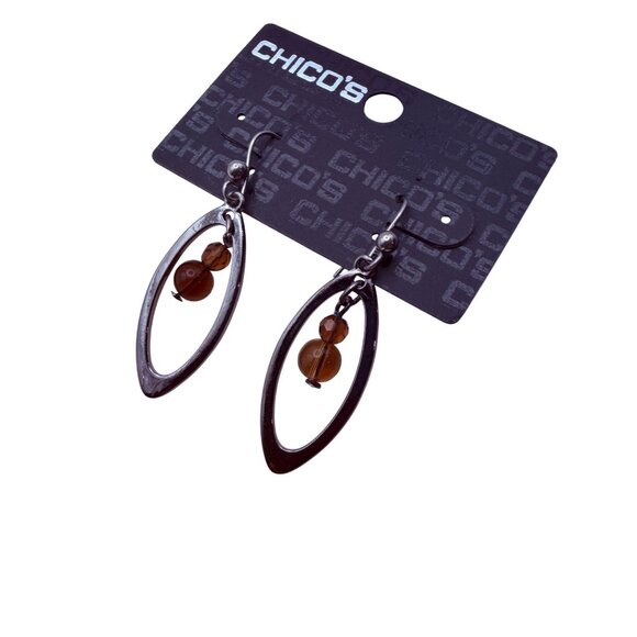 Vintage 1990s Chico’s Silver Oval Amber Bead Dangle Earrings Modern Minimalist - Picture 4 of 5